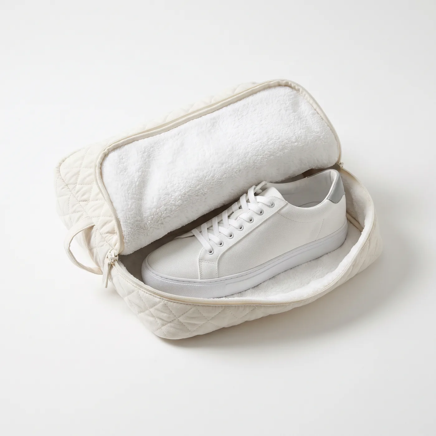 A chalk Treadmere microfibre wash bag folded open with a white trainer inside