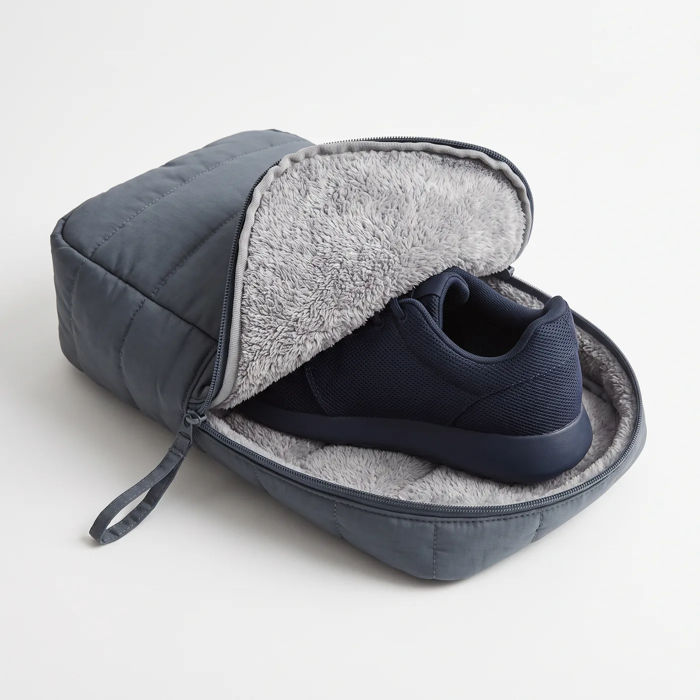 A slate Treadmere wash bag folded open with a navy running trainer inside