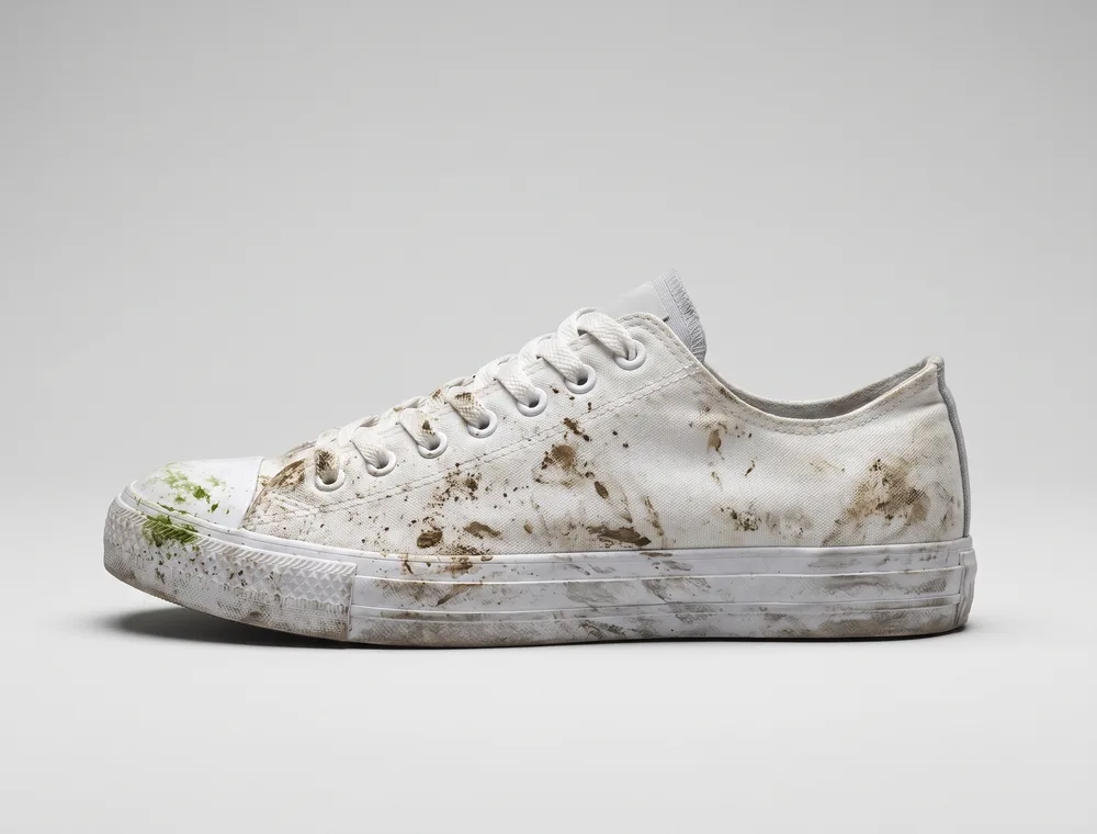 A white trainer covered in dried mud and grass stains before washing
