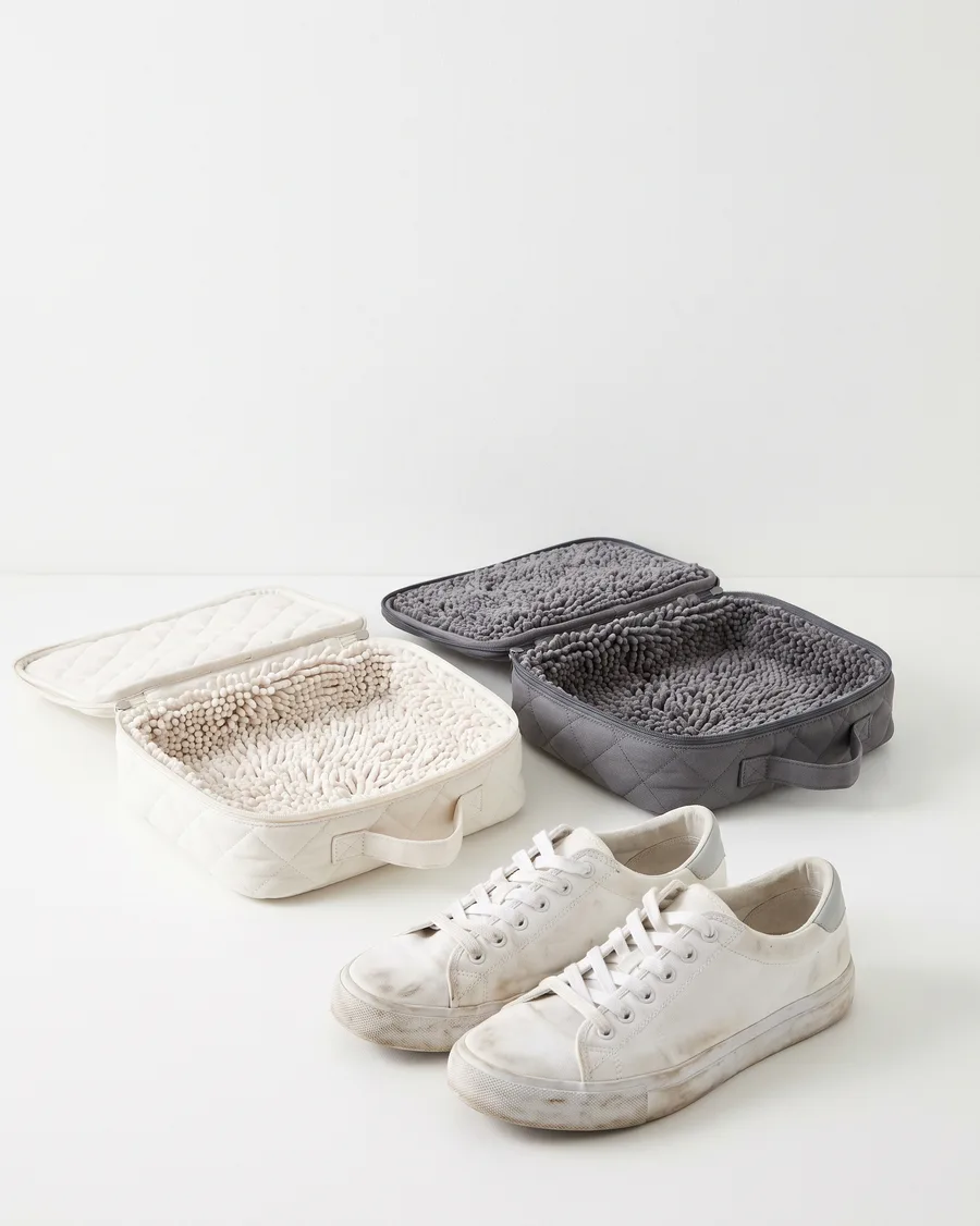 A chalk and a slate Treadmere wash bag beside a pair of muddy white trainers