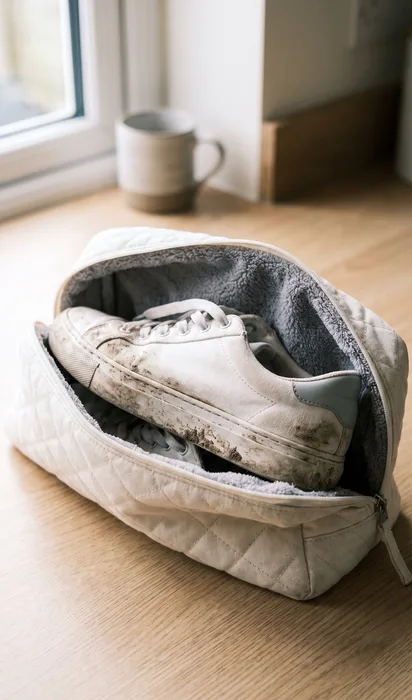 A muddy white trainer placed inside an open chalk wash bag on a kitchen worktop