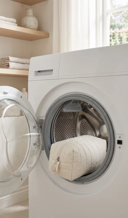 A zipped chalk wash bag resting inside a washing machine drum