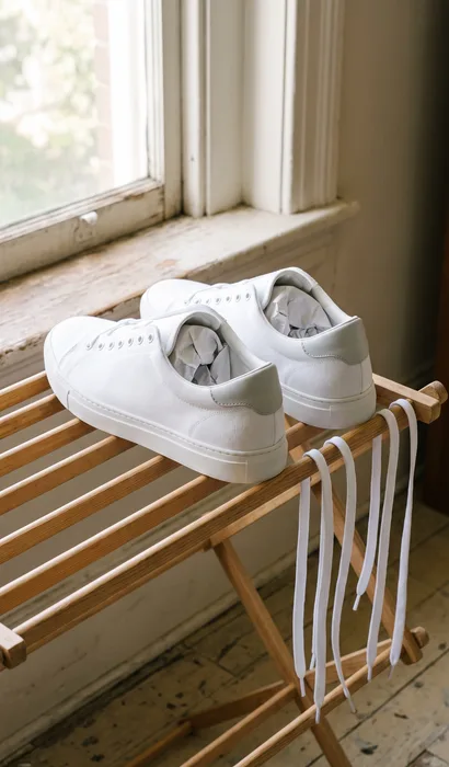 Clean white trainers stuffed with paper, drying on a wooden rack by a window